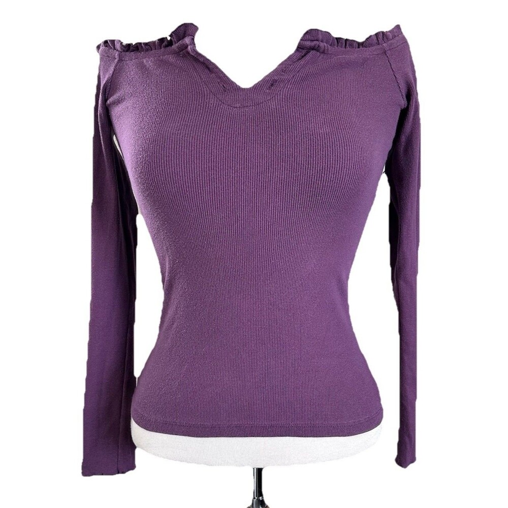Aeropostale Ribbed Top Womens Sz M Purple Off Shoulder Ruffle Y2K Henley Vneck
